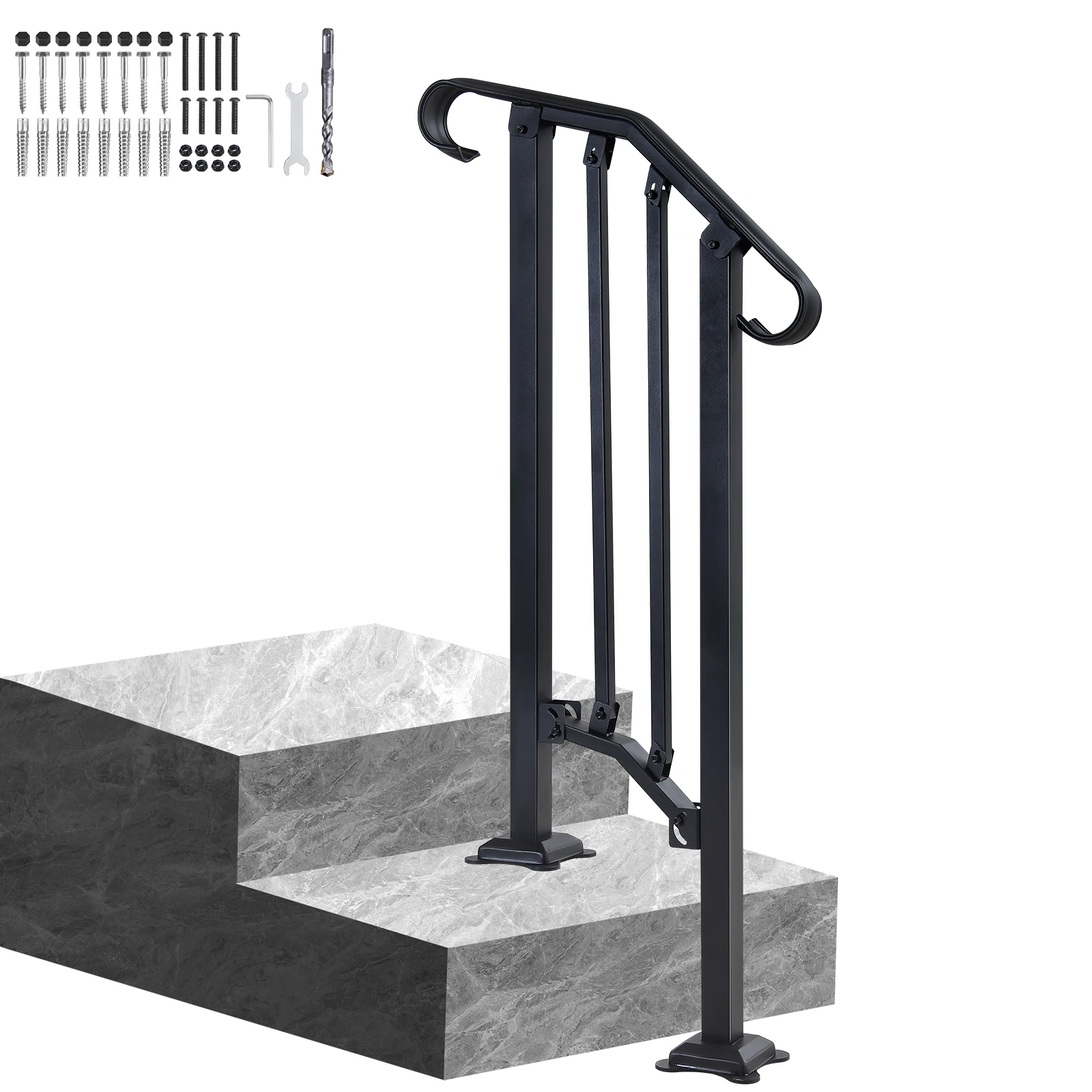 1 - 2 Step Outdoor Stair Rail with Installation Kit for Steps Hand Rails Matte White 2-Step Picket Black Wrought Iron Handrail