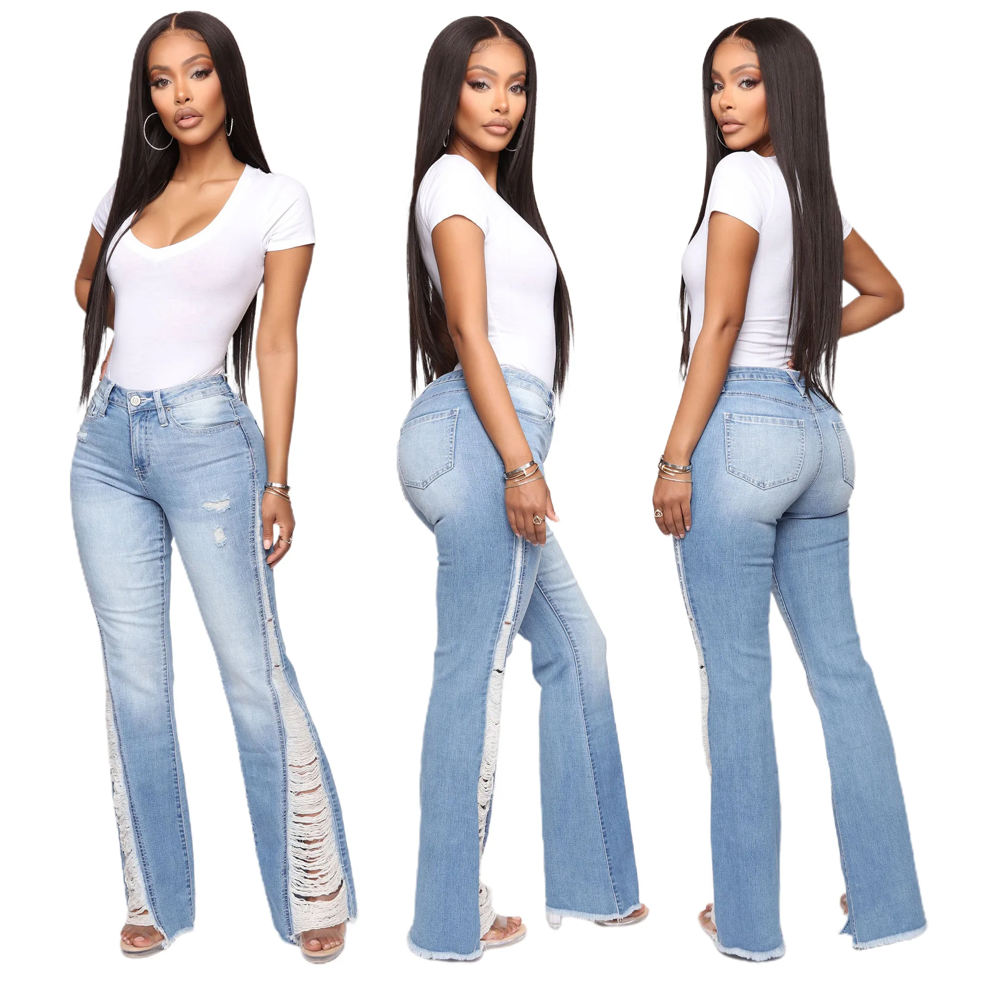Ladies Plus Size Slim Fit Pants Stretch High Waist Fringe Lady Pants Ladies Denim Jeans Femme Pants Skinny ripped jeans women