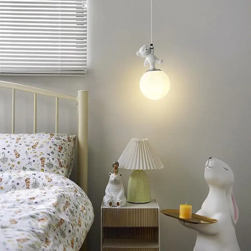 Nordic Modern Creative Personality Art 3D Moon Bedside Lamp Simple cream wind Resin bear Bedroom pendant lamp