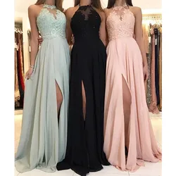 High Quality Elegant Maxi Halter Neck Bridesmaid Long Embroidered Slit Lace Chiffon Prom Evening Party Wedding Dresses