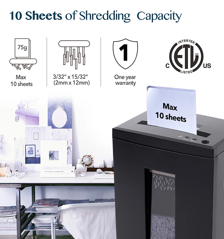 WOLVERINE 10-Sheet 40 Mins Running Time Cross Cut Paper shredder for  Home Office  Heavy Duty High Security Level P-5 Black