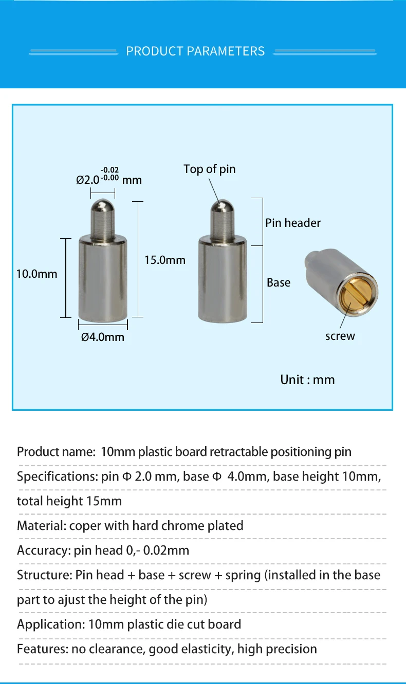 Customised 10mm plastic board retractable positioning pin for hole punch machine punch die board locating pin retractable pin