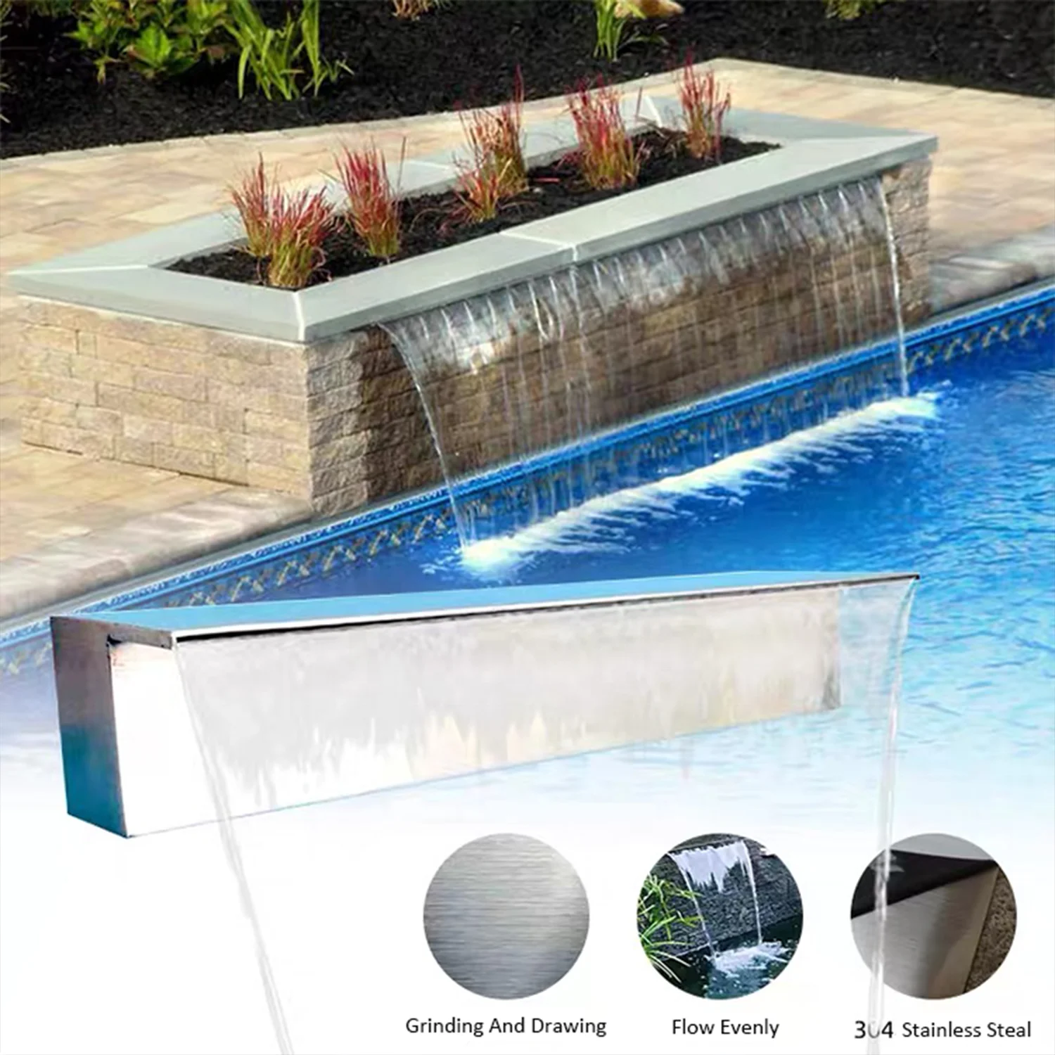 Stainless steel waterfall pool fountain LED sheer descent for garden pond
