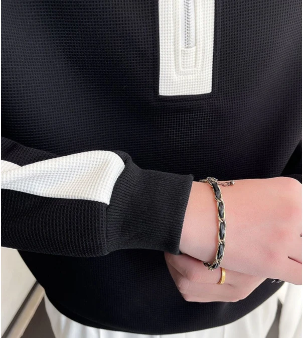 Fall color patchwork half-zip stand-up collar waffle fabric sweatshirt for men