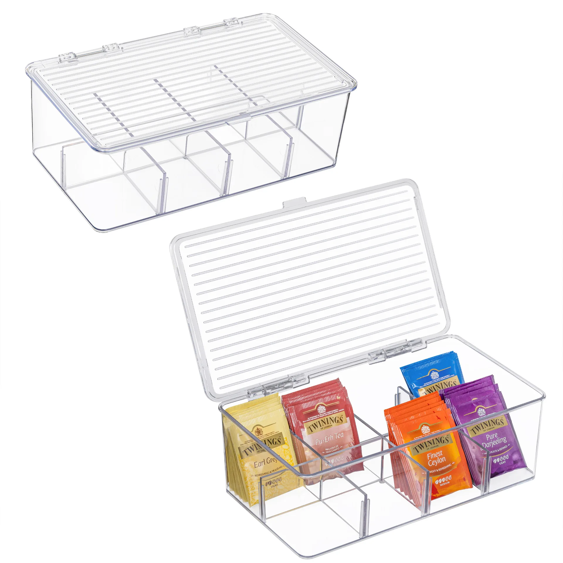 Plastic Tea Bag Divided Storage Organizer Container Box with Hinge Lid for Kitchen Cabinet Countertop Pantry Hold Coffee Pod