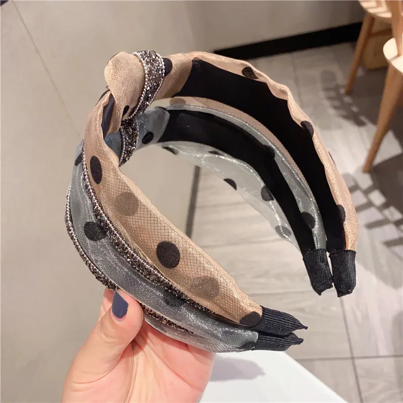 Rhinestone Glitter Diademas Polka Dot Lace Fabric Wide Brim Hair Band Middle Knotted Flannel Lining Padded Cloth Hair Bands