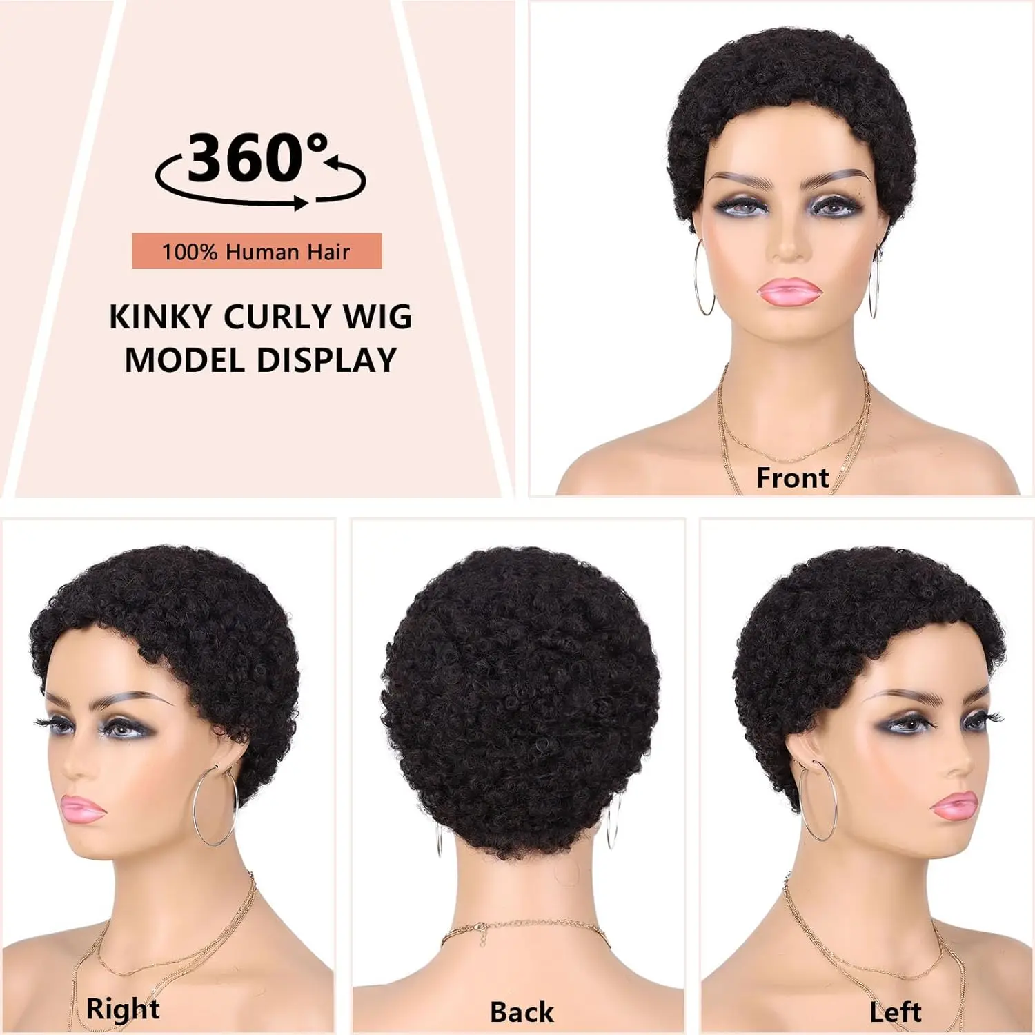 Afro Kinky Curly Human Hair Short Wigs for Women, Full Machine Made Wig Human Hair Pixie Cut Glueless Hair Wig Black Color