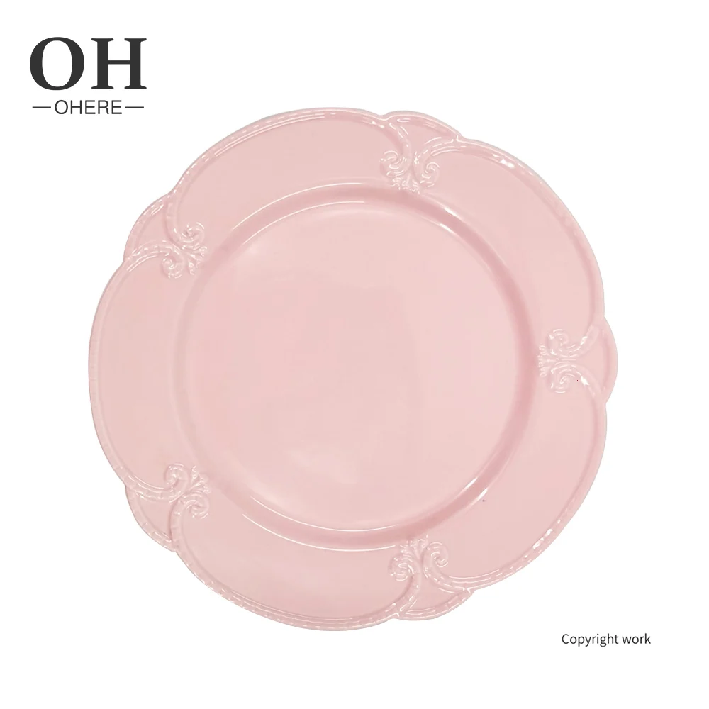 Ohere wholesale restaurant charger embossed porcelain dinner plate vintage ceramic dinnerware sets bulk pink wedding flatware