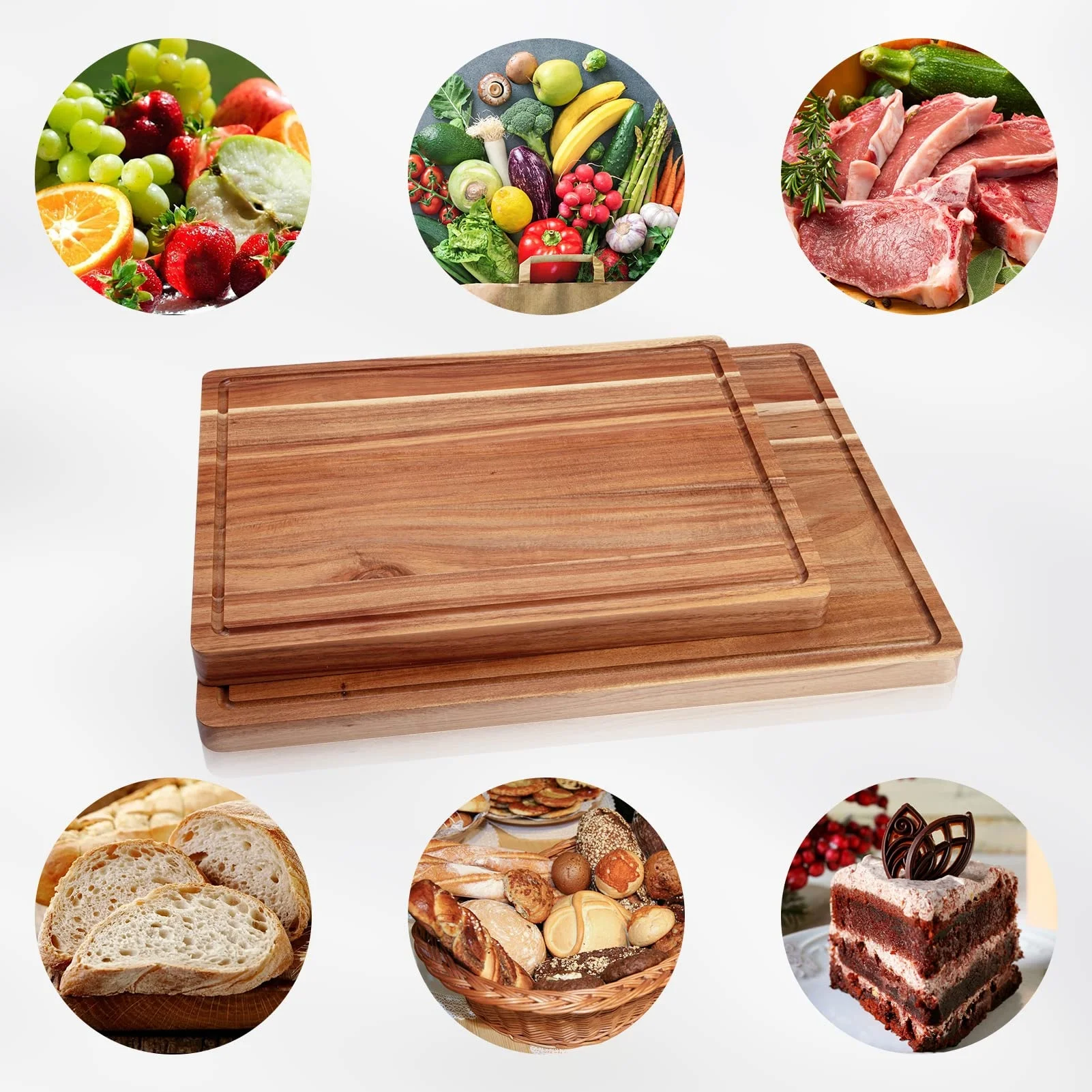 Selling high quality kitchen deep trough wooden meat and vegetable cutting board organic acacia wood cutting board