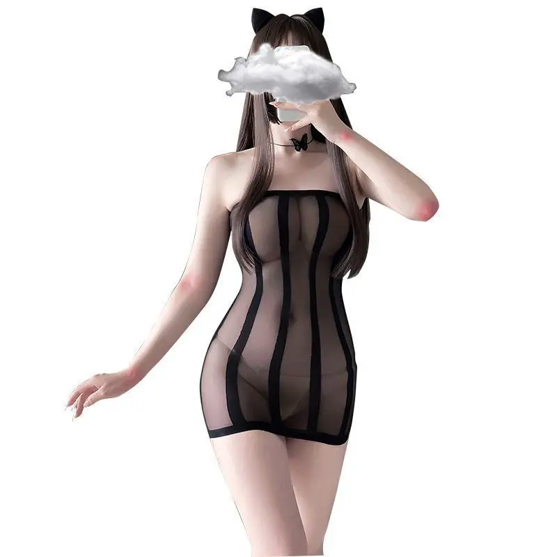 Sexual Mesh Body Stocking Small Chest and Big Passion Bed Underwear with Tight Perspective Milk-Wrapped Chest Suit Skirt Hip