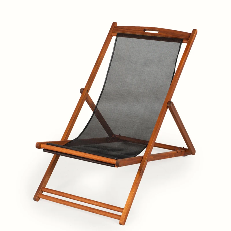 Customized logo for brand advertisement replaceable Teslin mesh fabric wood lounge beach deck chair
