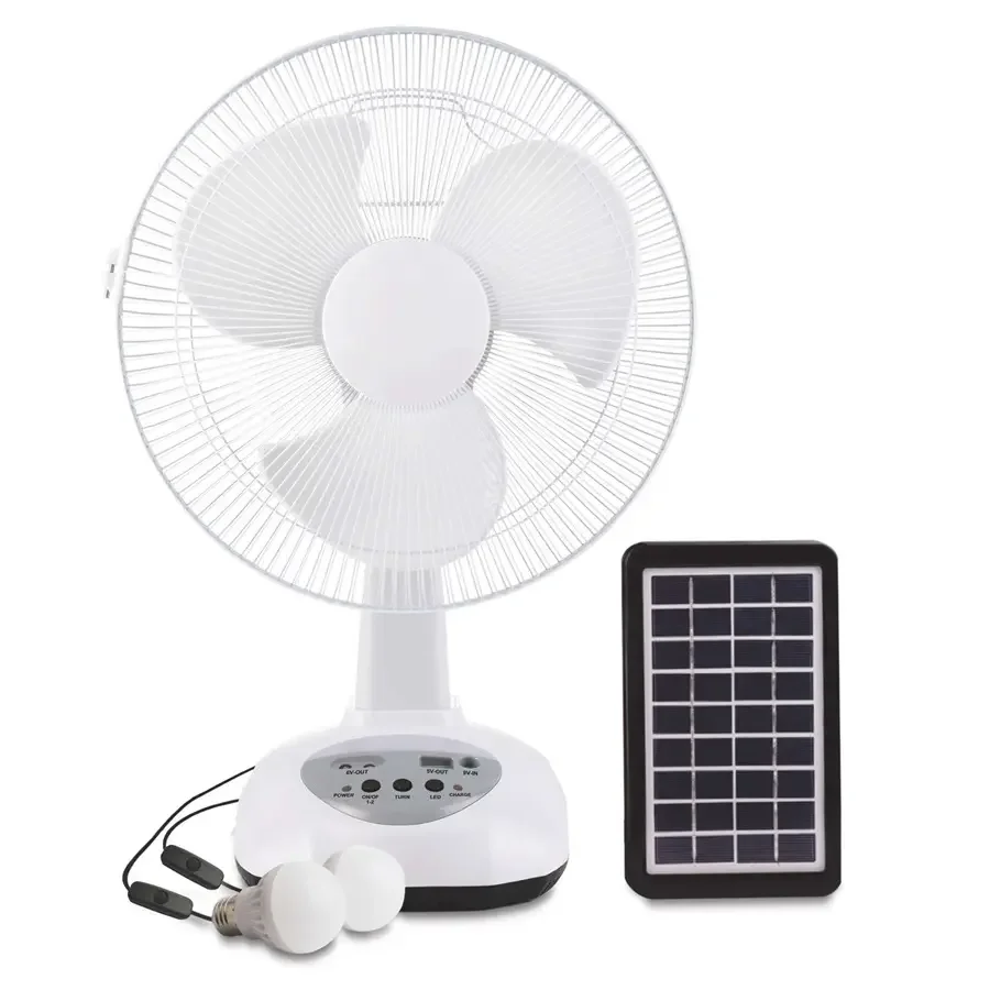 Solar Rechargeable Table Fan with LED Light Electric 12 inch Fan with AC&DC Charge Cheap Price Solar Powered Fan Home & Camping