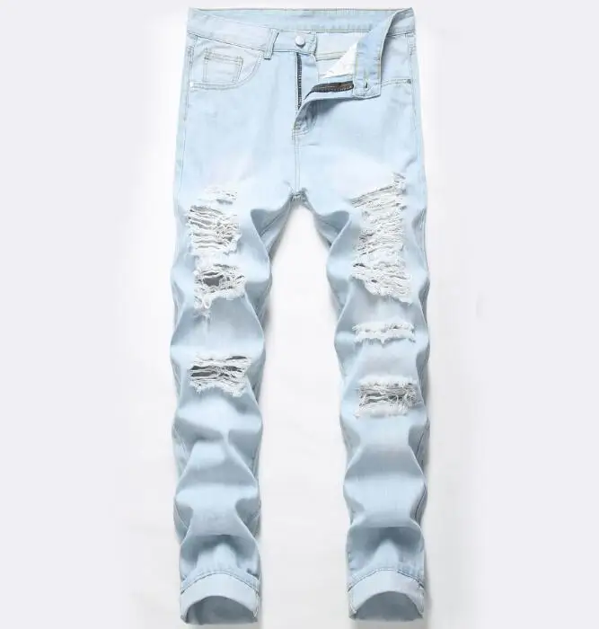 Men Zipper Stretch Jeans pant Casual Slim Knee Hole Trousers Male Big Size Pencil Pants Denim Skinny Jeans for Men