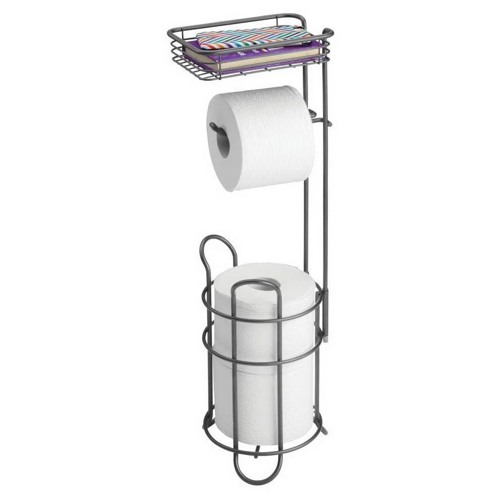 Bathroom Freestanding Metal Wire Toilet Paper Roll Holder Stand and Dispenser with Storage Shelf for Cell Mobile Phone