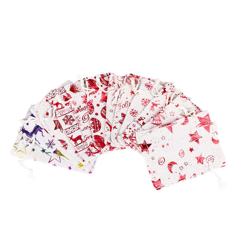 24pcs set Gold stamp printing linen cotton drawstring bag jewelry pouches party festival candy bags christmas gift bags