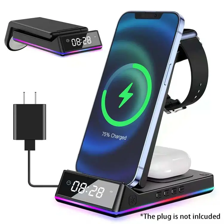 5 In 1 Fast Alarm Clock Wireless Charger Station Cell Phone Charging Holder Portable 3 In 1 Foldable Wireless Charger With Lamp