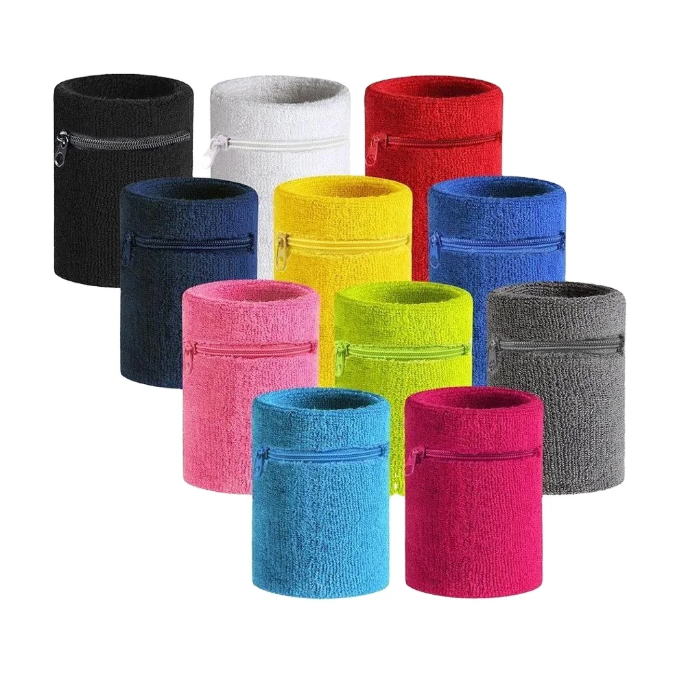 Manufacturer Cotton Baseball Tennis Gym Athletic Sport Wrist Sweat Bands Custom Logo Sweat Bands Sweatband With Zipper Pocket