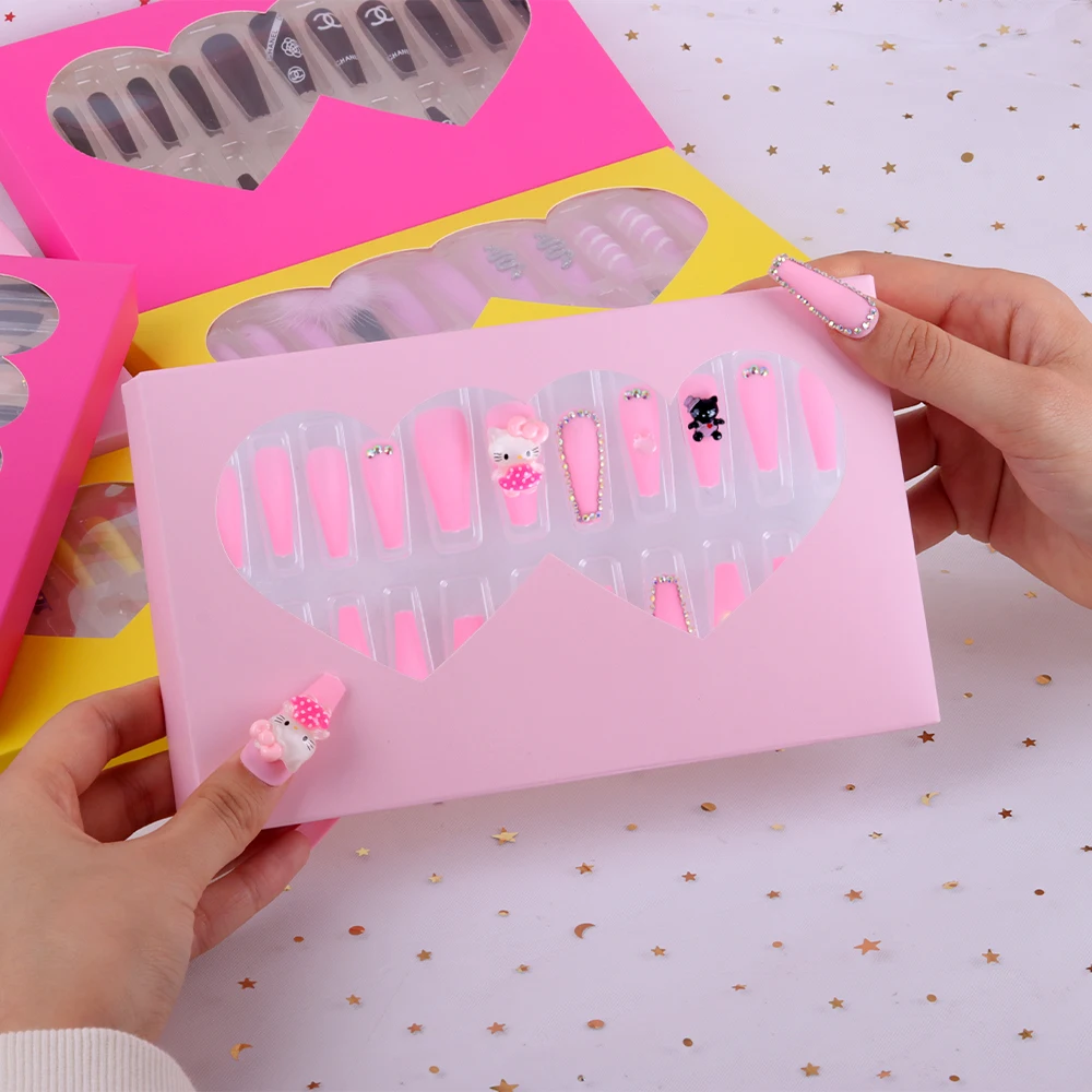 Daily Custom Made 24 Pcs Hello KT Press on Nail Set Empty Packaging Box With Personal Logo 3D Artificial Nails