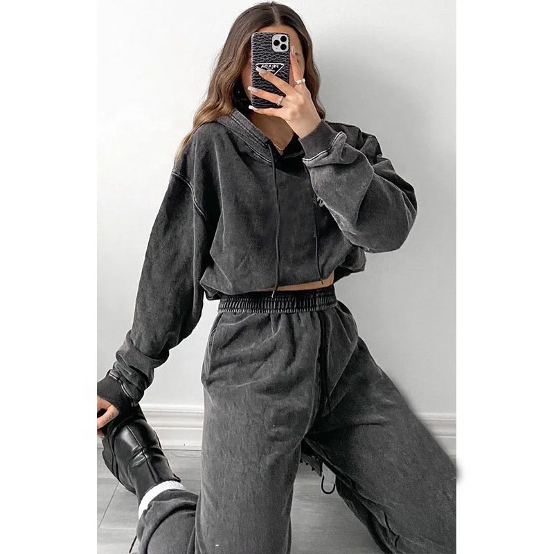 КК-Фитнес камень кислотные вымытые Ткани Детские кофты с капюшоном и брюки для девочек комплект из 2 предметов, комплект со свитером костюмы для женщин, спортивный костюм