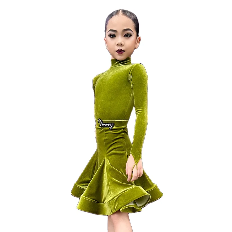 Vennystyle Best Seller Latin Clothes Latin Dance High Collar Long-Sleeved Velvet Set National Standard Latin Dance Skirt