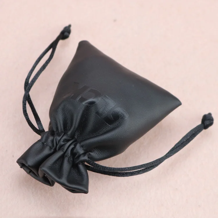 Embossed logo drawstring jewelry gift fashion pu pouch leather bags