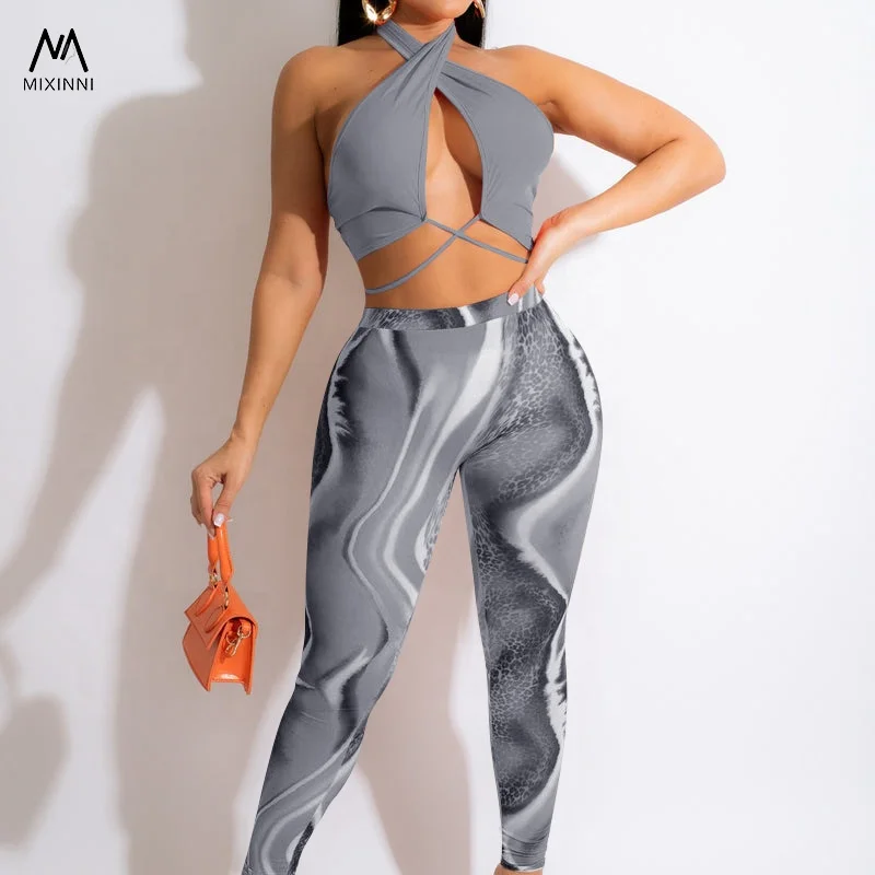 MXN 211 Sexy hanging neck solid color blouse women, printed pants two piece sets,fashion Casual summer clothes