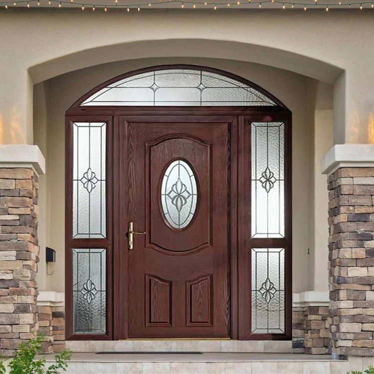 Factory price house villa front entry round arch top glass wooden door design exterior arched cherry solid wood double doors