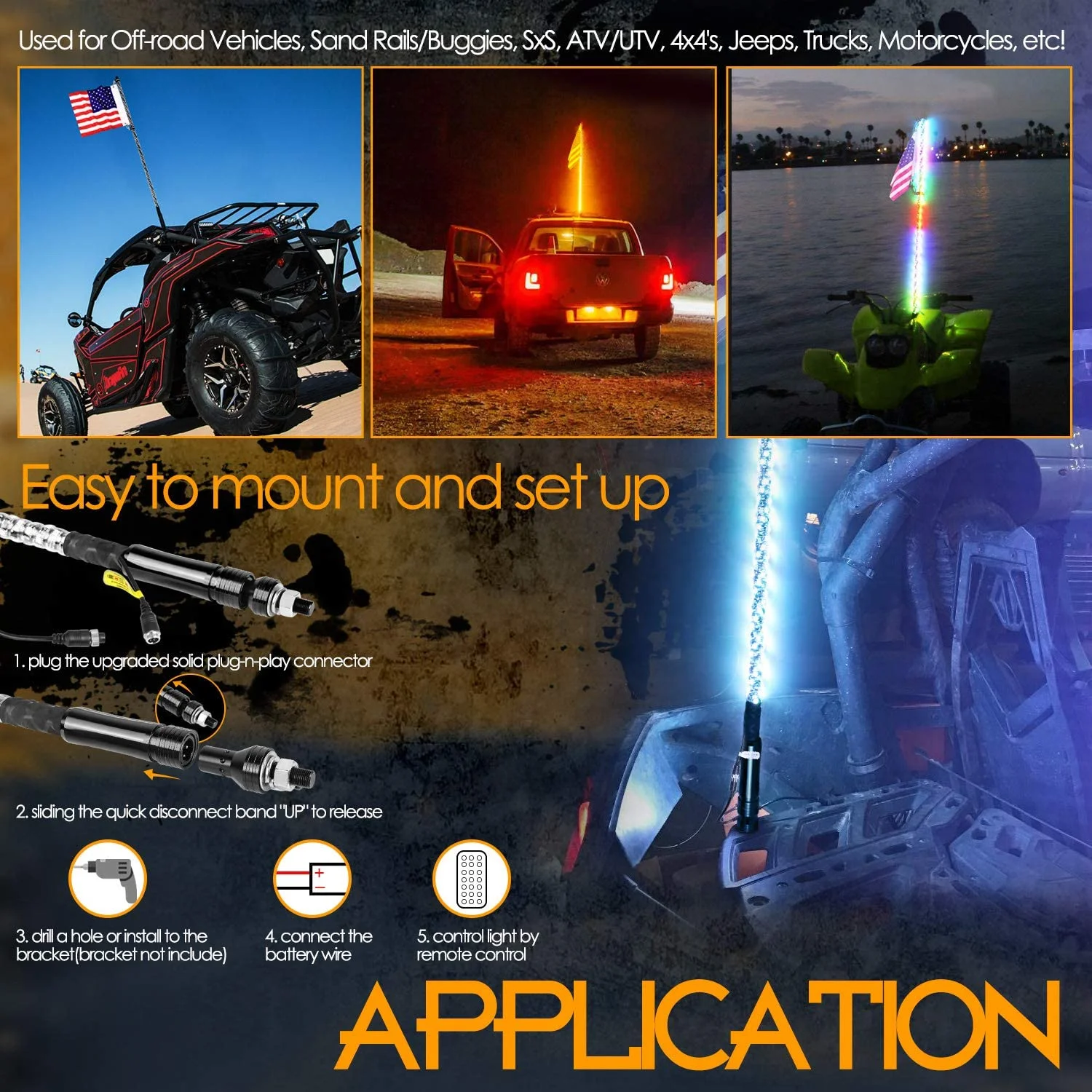 3 4 5 6 Feet Blue tooth Control RGB LED Spiral Whip Lights antenna light Wrapped for ATV UTV RZR Off Road Polaris for Jeep Truck