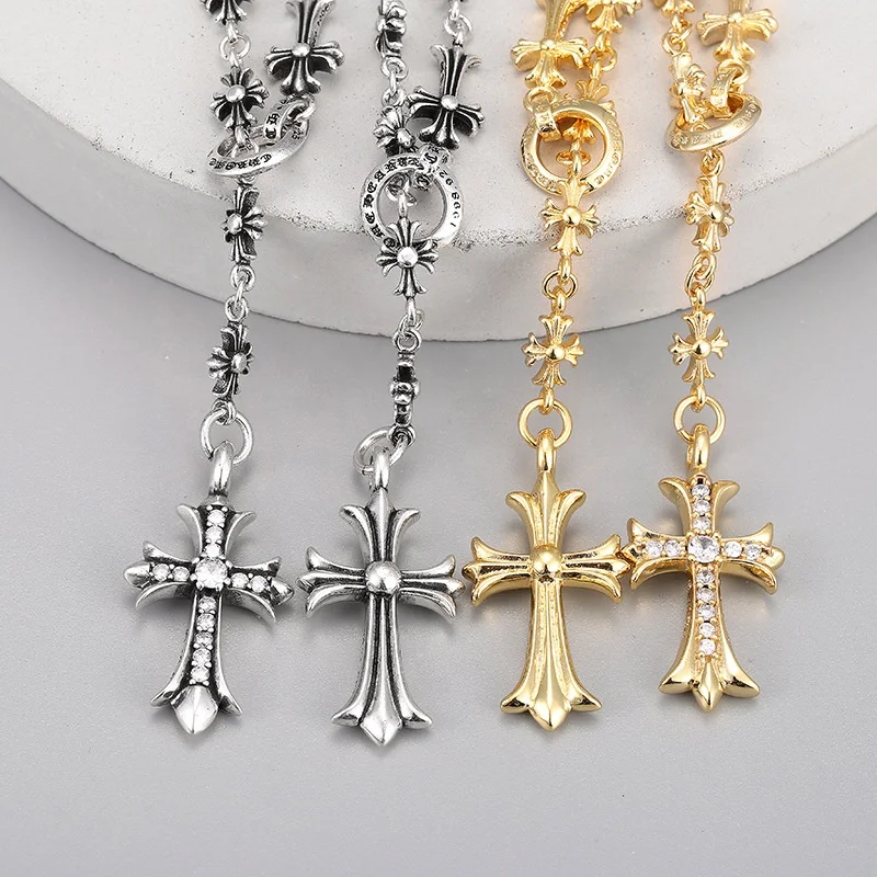 Vintage Punk Adjustable Push-Pull Gold Silver Plated Gothic Brass Cross Pendant Necklace for Men and Women