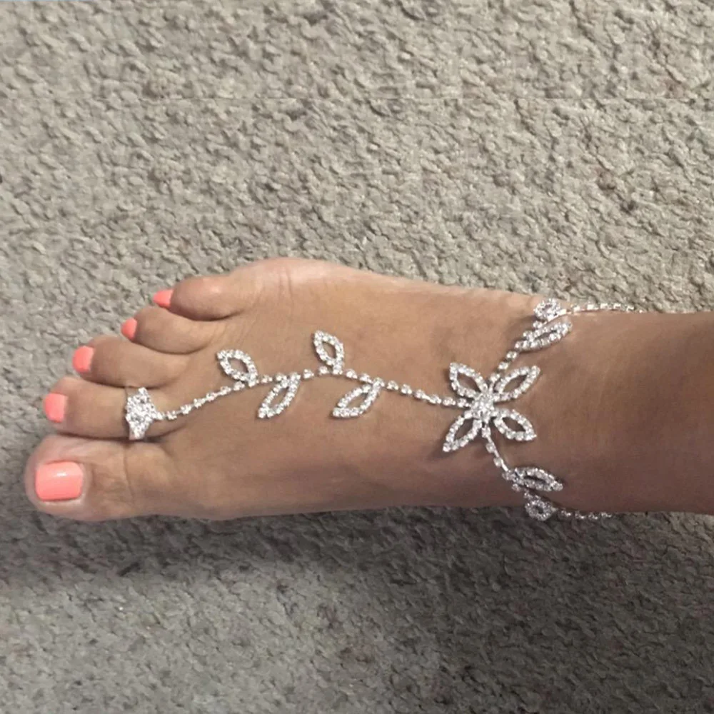 Bohemian Rhinestone Leaf Hand Harness Bracelet Crystal Anklets With Toe Ring Beach Wedding Rhinestone Barefoot Sandals For Women