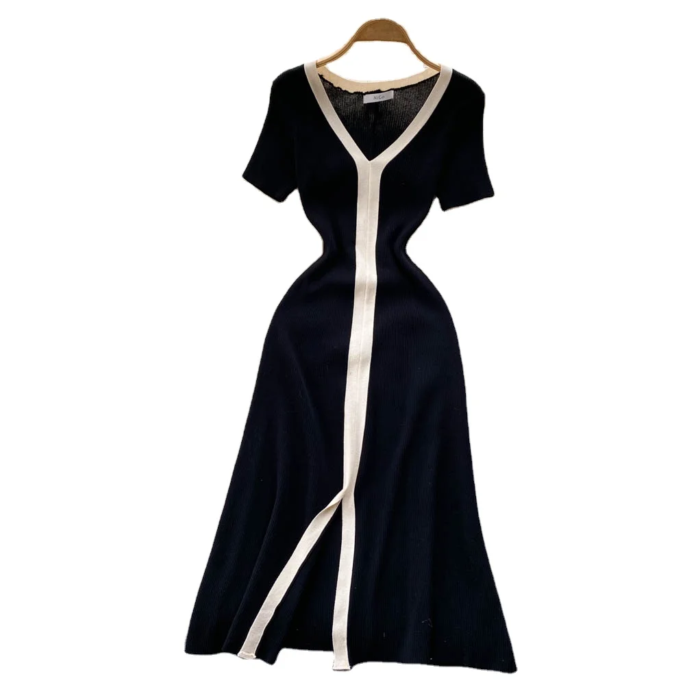 2024 Summer New Knitted Dress Women Contrast Color V Neck Temperament Dress Lady Slimming Short Sleeve Dress