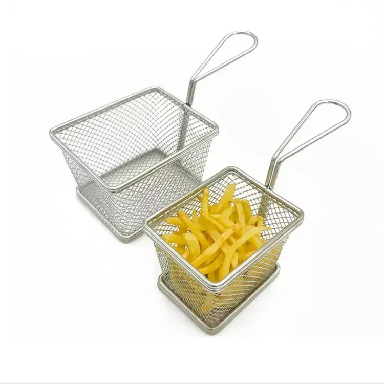 Hot Sale rectangular stainless steel fry basket reusable fries holder fryer food strainer fried fish frame with handle