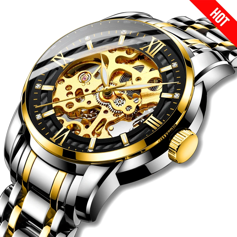 BIDEN Top Luxury Brand Mens Automatic Watches Men Stainless steel Skeleton Mechanical Wristwatch Relogio Masculino