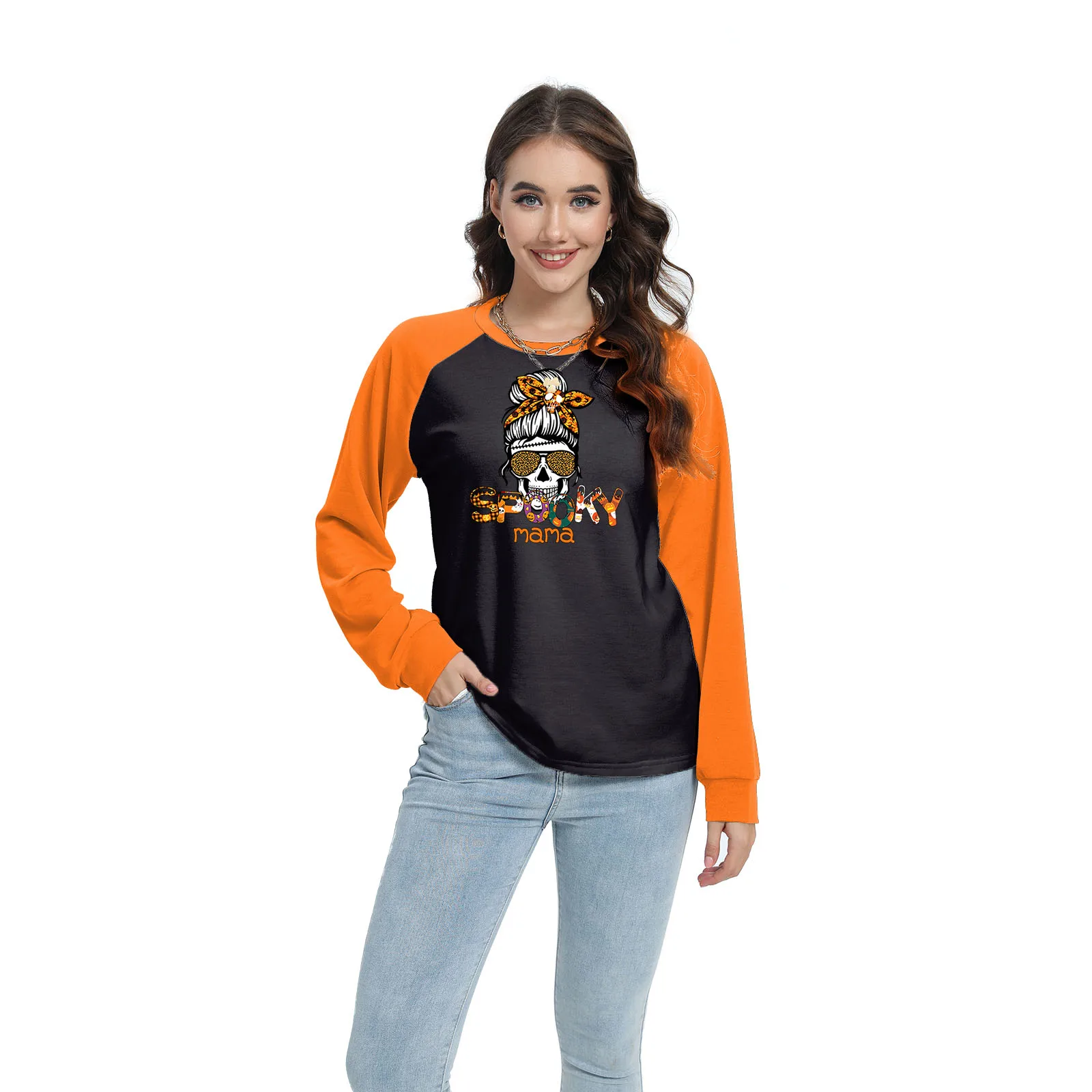 NADANBAO autumn women T-shirt Halloween gothic skull pattern long sleeve blouse casual shirt O neck tees wholesale Custom OEM