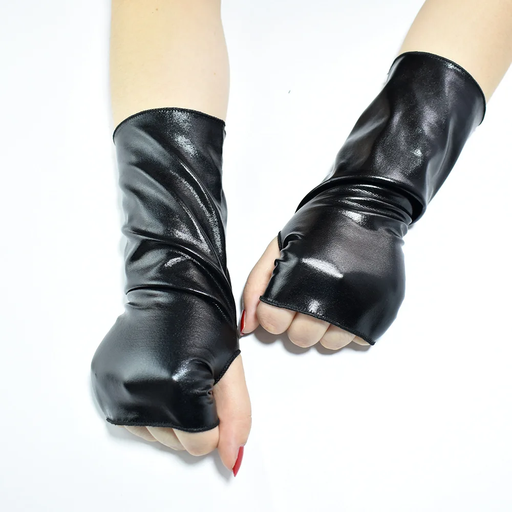 Short fingerless bright black patent leather mitten Halloween costume punk style cos dance hip-hop dance mitten