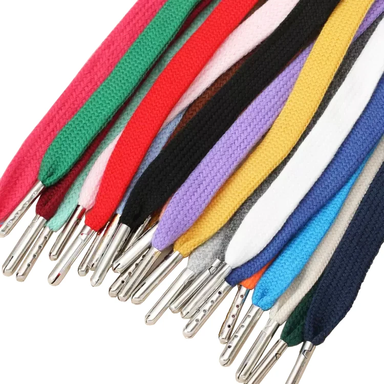 Good Quality Colorful Custom Round Flat Cotton Polyester Metal Tip White Black Rope Cord Drawstring For Hoodies Sweatpants