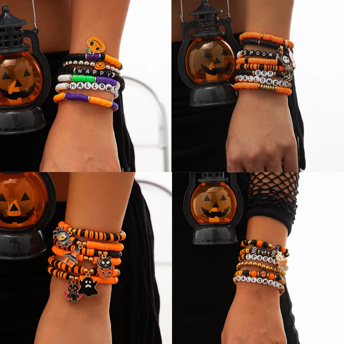 New Arrival Halloween Jewelry Polymer Clay Pumpkin Ghost Punk Alloy Letters Gothic Style Multi-layered Wear Charm Bracelet