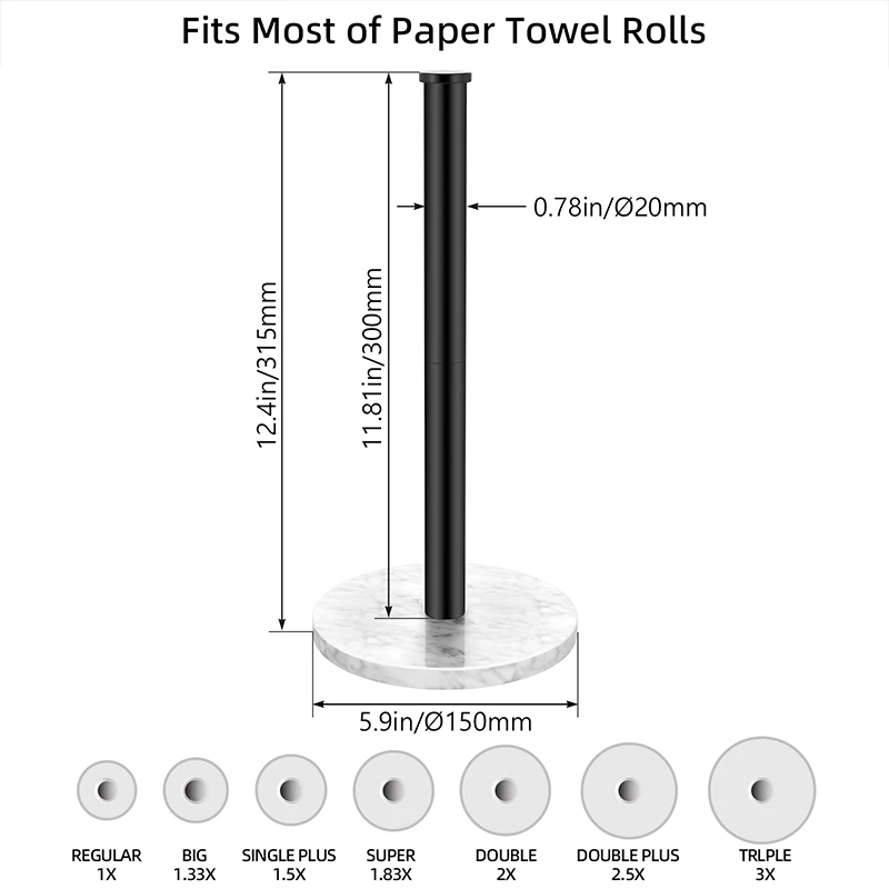 Marble Metal Kitchen Roll Holder Countertop Dispenser with Weighted Base Paper Towel Holder stand