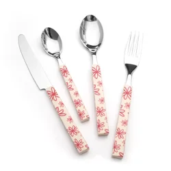 5pcs Flower Pattern PP Plastic Handle Stainless Steel Table Knife Fork Spoon Tea Spoon Flatware Set Cutlery Set