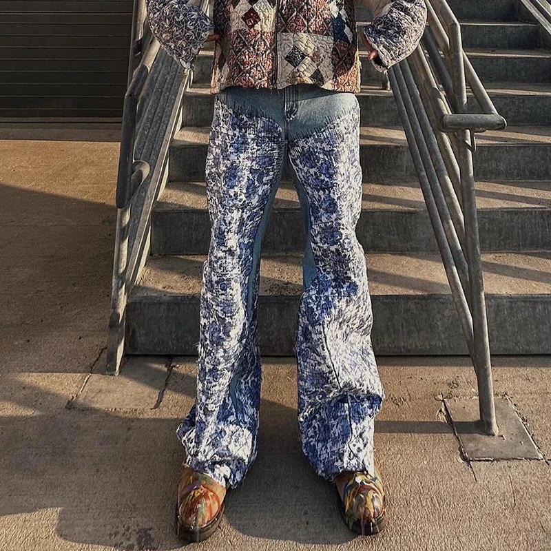 YYSY manufacturer heavyweight frayed high quality flared denim jeans men custom stacked Y2K jeans for streetwear