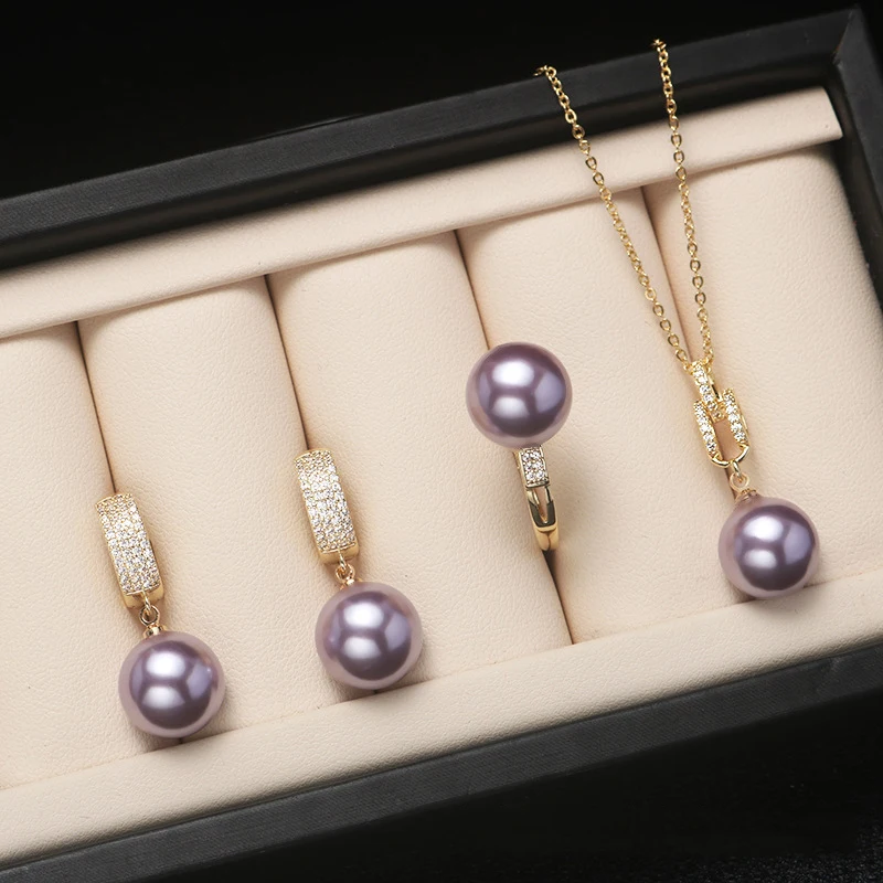 Shell Pearl Jewelry Set Fashionable Temperament Round Shell Beads Necklace Ring Earrings Three-Piece Set