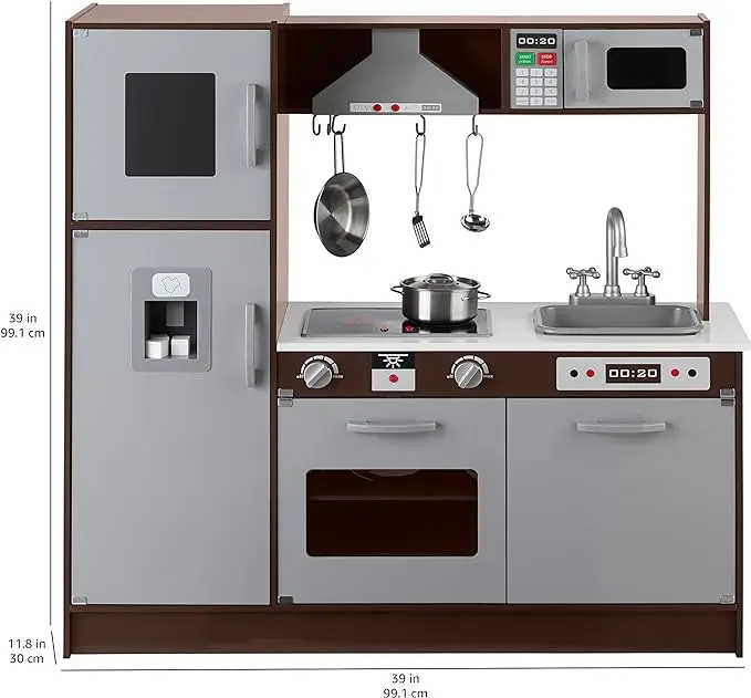 New Arrival Kids Upright Wooden Kitchen Toy Play set with Stove, Oven, Fridge and Accessories, Espresso/Gray