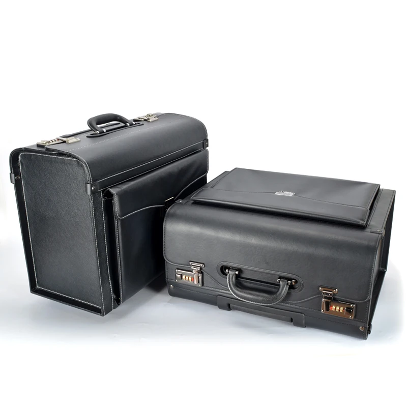 16 18 INCH Custom Made Factory Special Suitcase Rolling Briefcase Classic Vintage Black PU Leather Trolley laptop Bag
