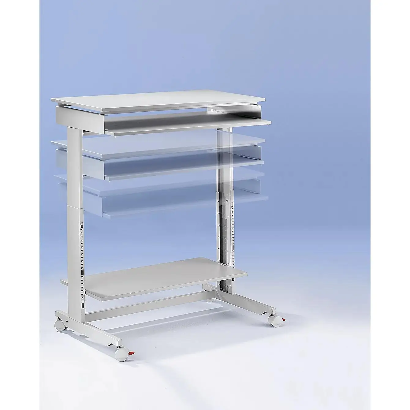 Twinco PC workstation Work standing or sitting Lift height adjustment Four double swivel castors, two with wheel stops Computer