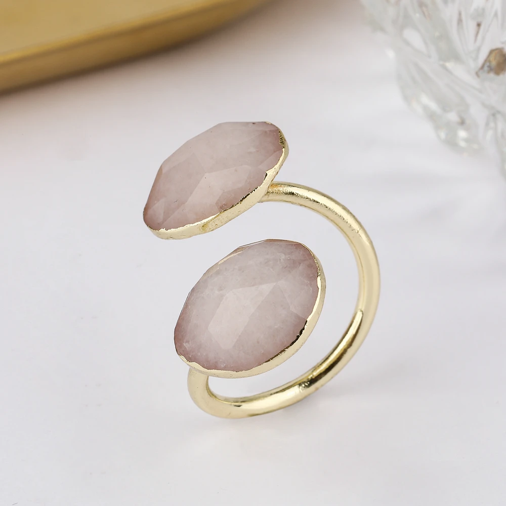 Double Agate Druzy Stone Quartz Crystal Rings Pink Red Blue Adjustable Gold Plated Copper Cuff Rings