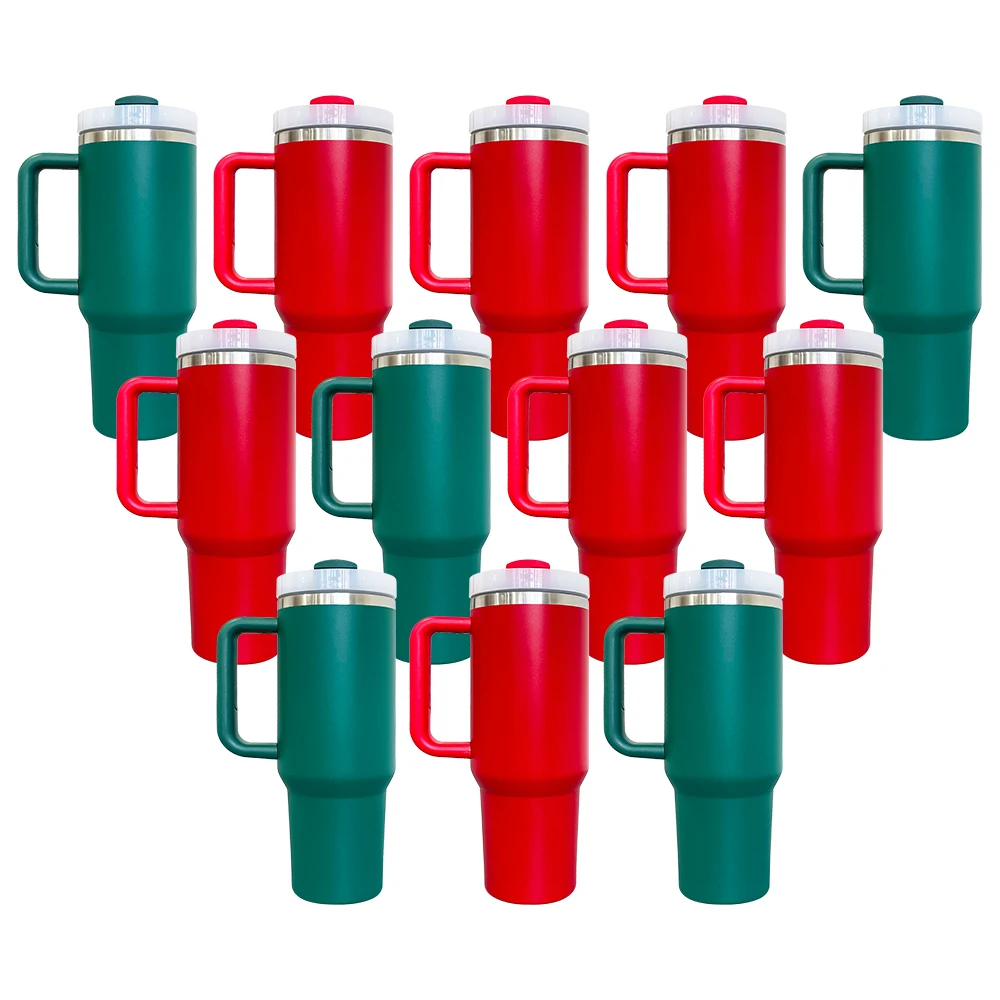 Double walled stainless steel rough surface Powder coated H2.0 Xmas red green 40oz Christmas insulated coffee mug