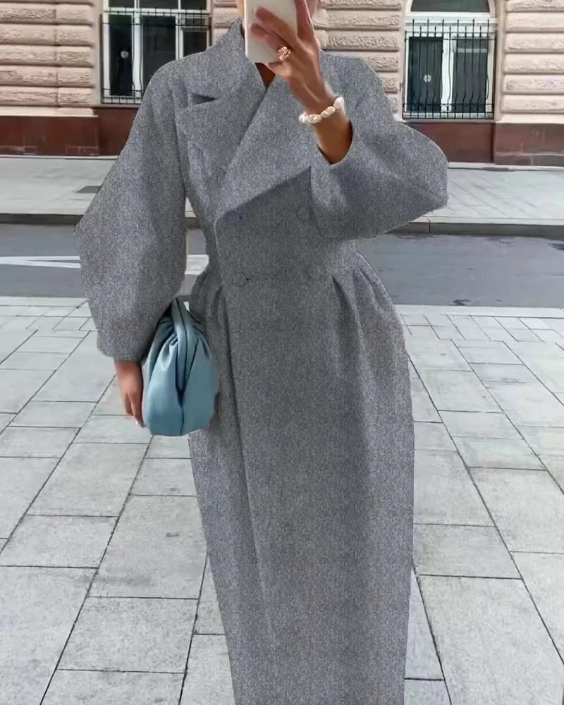 Autumn Winter New Woolen Coat Women Vintage Court Style Lantern Sleeve Overcoat Female Lapel Long Overcoat