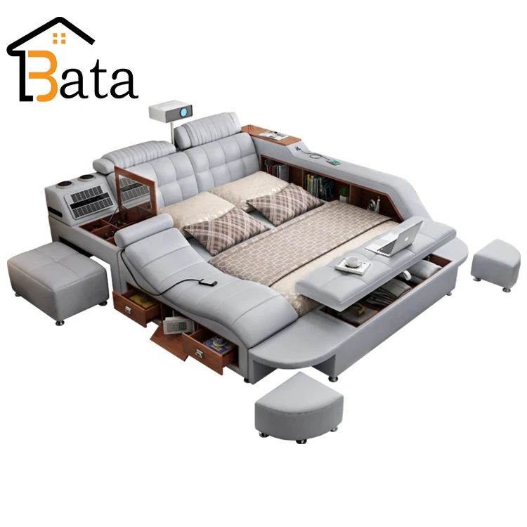 Modern Leather Fabric Bed With Storage Box Multimedia Function Household Bed Bedroom Furniture Sets
