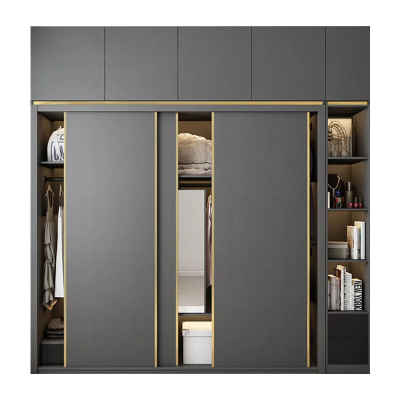 Light Luxury Sliding Door Closet With Mirror Modern Minimalist Home Bedroom Assembly Storage Economic Custom Storage Cabinet