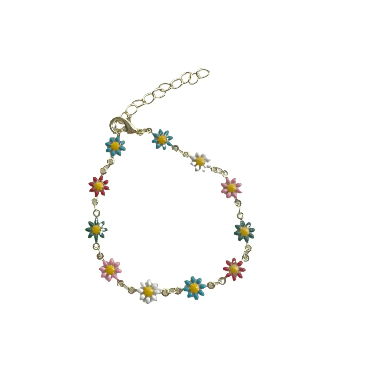 Colorful Niche Daisy Flower Bracelet and Necklace Set Women Fresh Style Ins Contrast Design Clavicle Chain Accessories